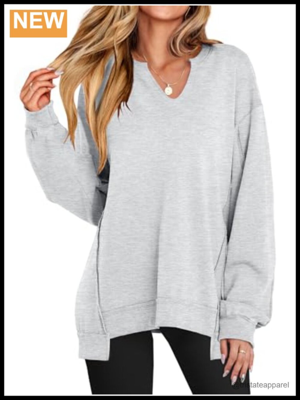Oversized V-Neck Pullover Sweatshirt High Low Hem Casual